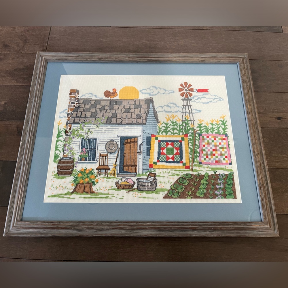 Farmhouse cross stitch picture with wooden frame